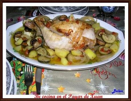 Pollo relleno de setas y manzana