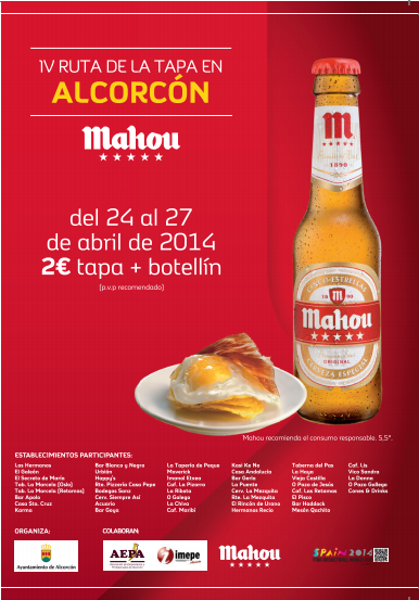 4ª Edición de la Ruta de la Tapa de Alcorcón 24 de Abril hasta el 27 de Abril de 2014 