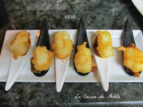 Cucharillas, con  pisto manchego , y bacalao con pimientos en tempura