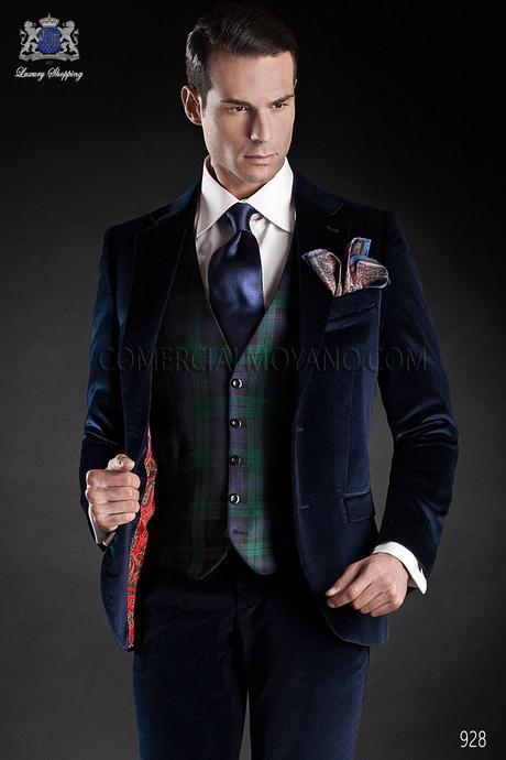 Traje de novio italiano a medida en terciopelo 100% algodon azul con solapa V y dos botones, modelo 928 Ottavio Nuccio Gala Black Tie 2015.