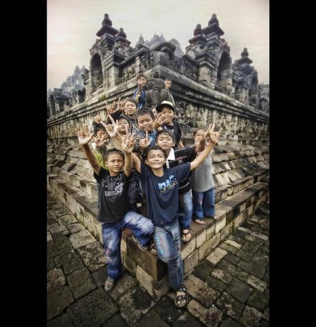 Explosion of Kids in Indonesia at Borobudur wanting in pic
