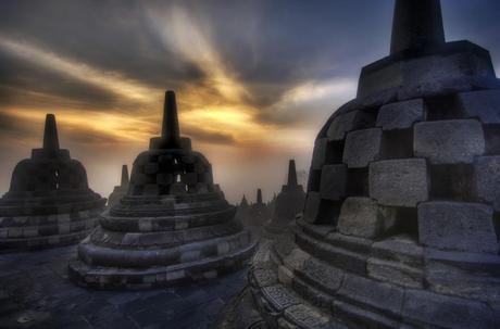Caged Buddhas High in the Temple in Borobudur