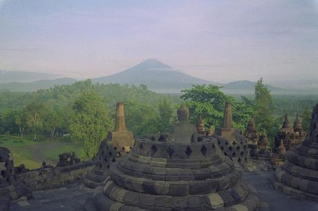 Mt. Merapi erupts from Borobudur with lush jungle