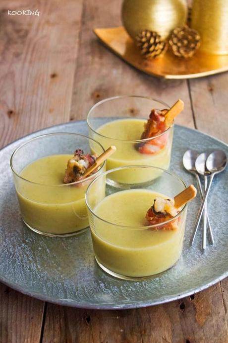 Crema de calçots con pincho de gamba y bacon