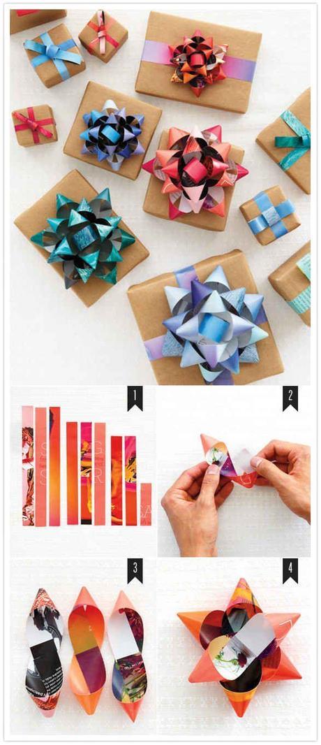 Don't have a bow? You can make one out of magazine pages. | 23 Tricks To Take The Stress Out Of Wrapping Gifts