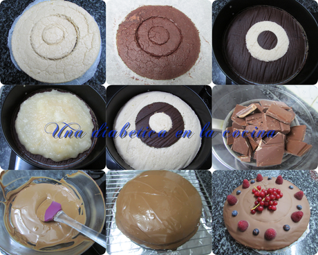 Tarta damero con compota de manzana y cobertura de chocolate con leche sin azúcares añadidos para el 70 cumpleaños de mi dulce madre