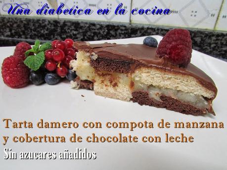 Tarta damero con compota de manzana y cobertura de chocolate con leche sin azúcares añadidos para el 70 cumpleaños de mi dulce madre