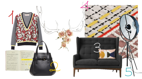 1- Jersey By Marni; 2- Bolso By Marni; 3- Cojín By Ferm Living; 4- Bandas Patricia Urquiola By Gandia Blasco; 5- Studio 76 tripod floor lamp By Mariano Fortuny