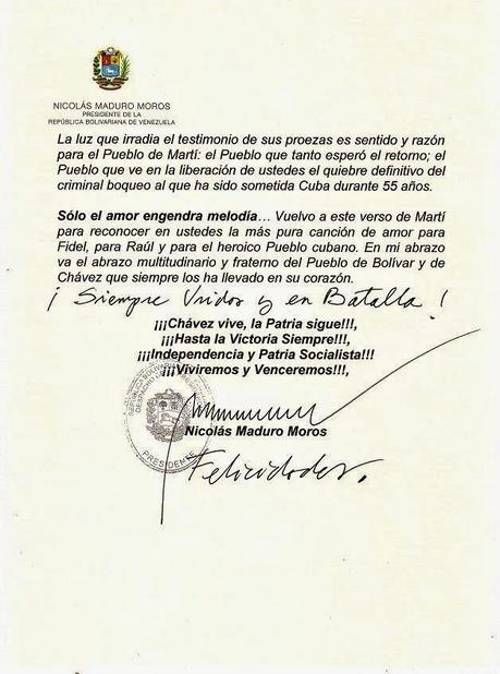 Nicolás Maduro dirigió carta de saludo y reconocimiento a los Cinco