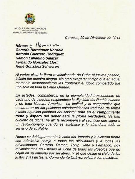 Nicolás Maduro dirigió carta de saludo y reconocimiento a los Cinco