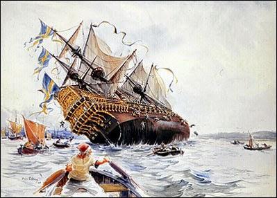 Fuente: http://www.grijalvo.com/Albaiges/Nils_Stodberg_Vasa_kantrar.jpg El Vasa, la belleza chapucera de un galeón venido del pasado