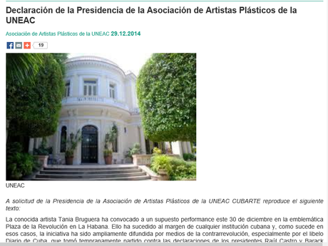 El performance de Bruguera es una provocación, dice Asociación de Artistas Plásticos de la UNEAC