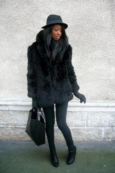 STREET STYLE INSPIRATION; BLACK FAUX FUR COAT.-