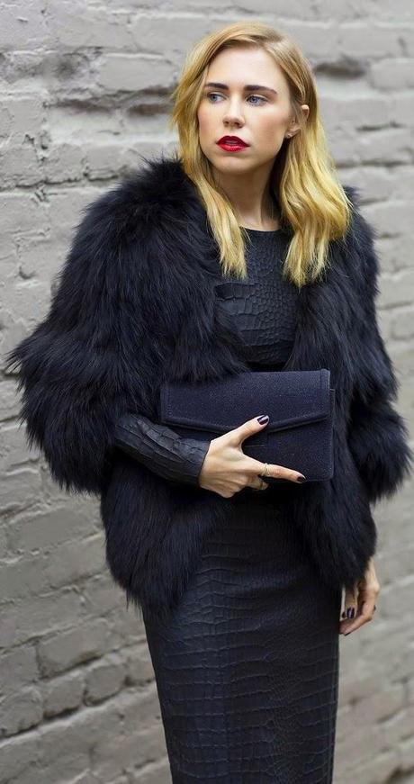 STREET STYLE INSPIRATION; BLACK FAUX FUR COAT.-