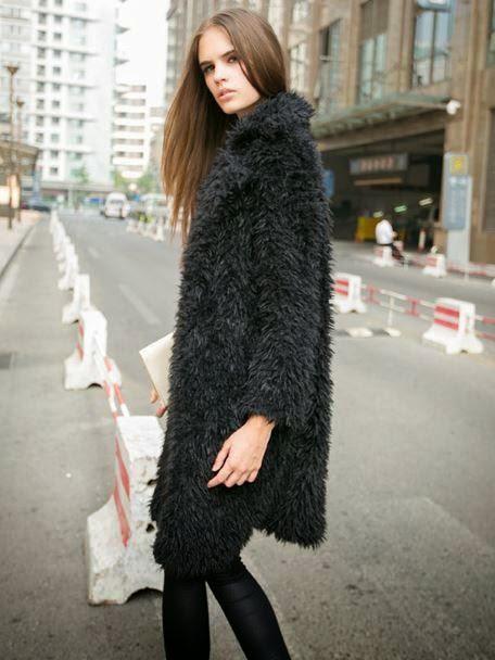STREET STYLE INSPIRATION; BLACK FAUX FUR COAT.-