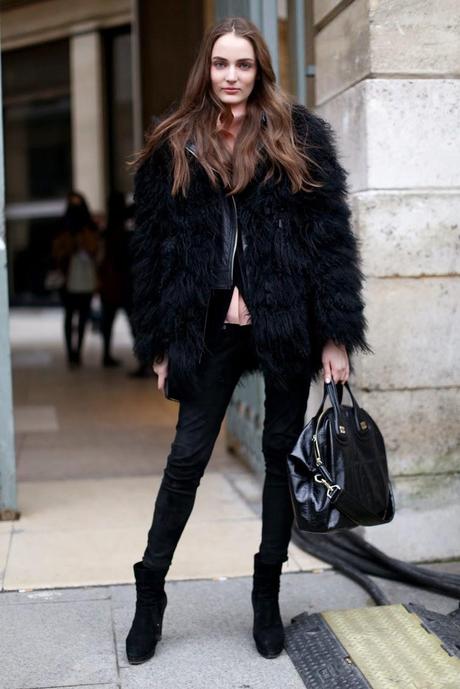 STREET STYLE INSPIRATION; BLACK FAUX FUR COAT.-
