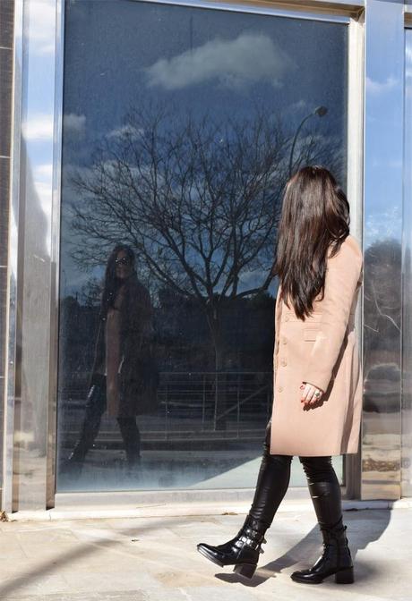 Camel coat, lace top