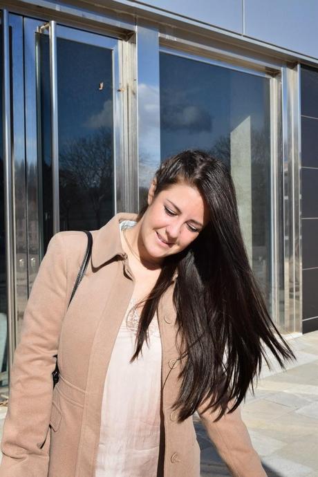 Camel coat, lace top