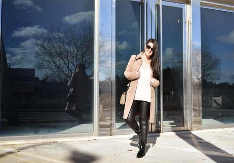 Camel coat, lace top