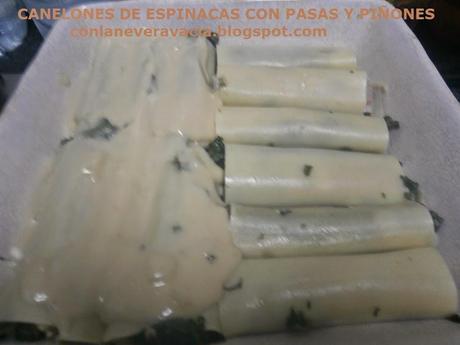 CANELONES DE ESPINACAS  CON PASAS Y PIÑONES