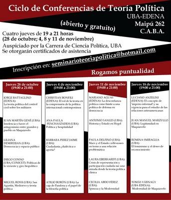 Ciclo de Conferencias de Teoría Política - Universidad de Buenos Aires y EDENA - 28 de octubre; 4, 11 y 18 de noviembre