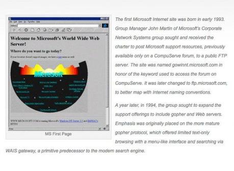 Hasta las empresas más grandes del mundo tuvieron su punto de partida. Aquí un ejemplo de la primera web de Microsoft. 