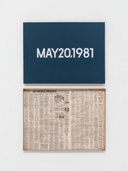 On Kawara, MAY 20, 1981. Wednesday. New York, de la serie Today (1966–2013), acrílico sobre tela, 45.7 x 61 cm.  Caja de almacenaje: 62.5 x 47.3 x 5 cm. Colección privada. Cortesía: David Zwirner, Nueva York/Londres