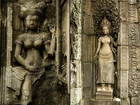 Angkor Thommanon relief & A statue at the Bayon temple in Angkor Thom, Cambodia