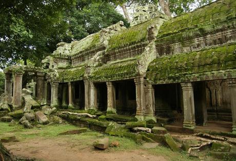 Finely carved reliefs and corridors from the ruins of the Buddhist temple of Angkor