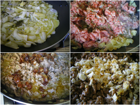 Sorpresas de patatas sobre pisto caramelizado (Relleno de carne)