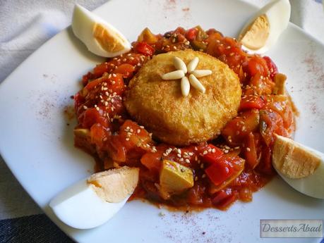 Sorpresas de patatas sobre pisto caramelizado