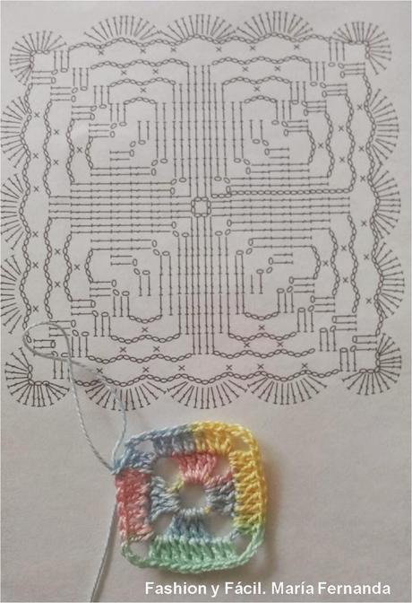 Una flor o cruz en un granny square, punto afgano pastillas o motivos. Esquemas y Paso a Paso (A crocheted flower or a cross on a granny square. Pattern)