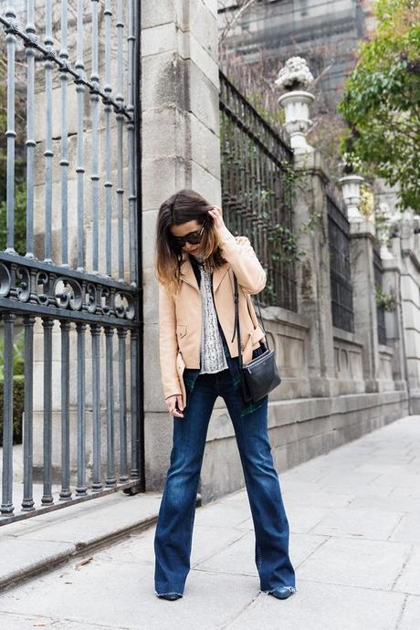 Flared_Jeans-Outfit-Checked_Skirt-Street_Style-Leather_Biker_Jacket-Sandro_Paris-Lace_Top-Collage_Vintage-6