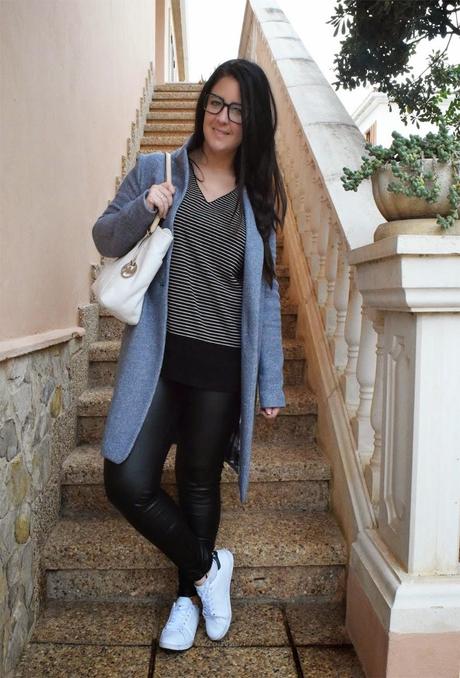 Gray coat, white bag