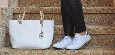 Gray coat, white bag