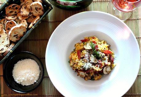 Risotto de champliñones, tomate deshidratado y crujiente de jamón