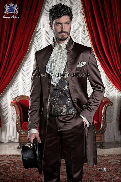Traje de novio italiano levita coreana a medida, en tejido raso marrón con bordado de flores en bronce, modelo 1258 Ottavio Nuccio Gala colección Barroco 2015.
