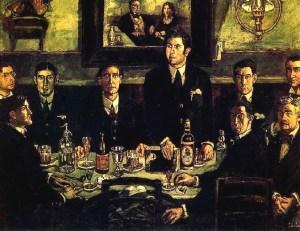 Pintura de Solana que nos muestra a Ramón y a sus contertulios en el Café Pombo (todos bebían agua).