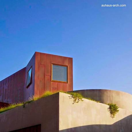 Casa orgánica rústica de concreto, madera y metal.