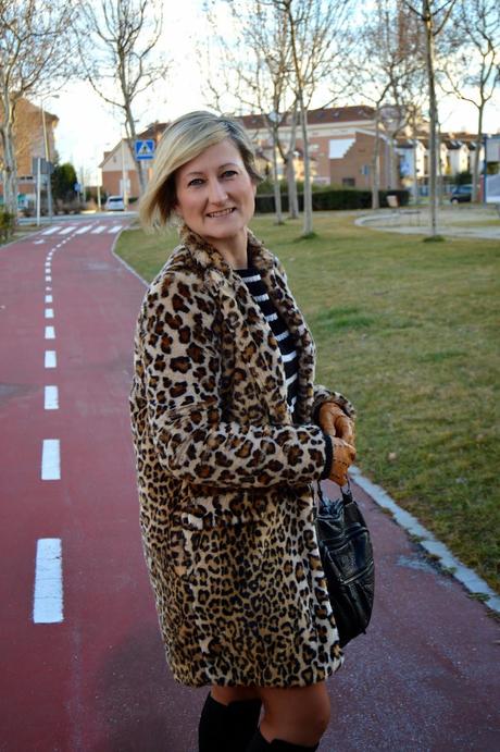 LEO COAT AND STRIPED COZY SWEATER