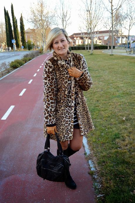 LEO COAT AND STRIPED COZY SWEATER