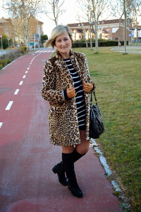 LEO COAT AND STRIPED COZY SWEATER