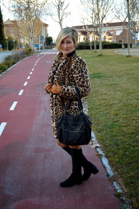 LEO COAT AND STRIPED COZY SWEATER