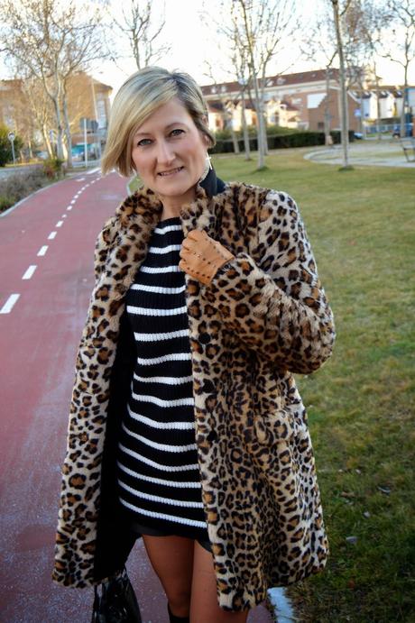 LEO COAT AND STRIPED COZY SWEATER