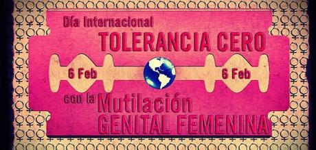 Sobre una cuchilla rosa se puede leer Día Internacional Tolerancia Cero con la Mutilación Genital Femenina