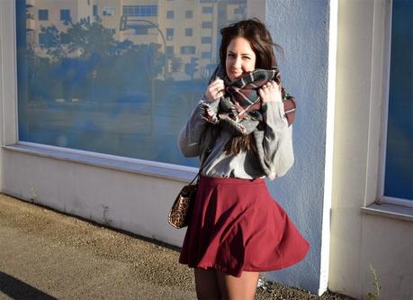 Maroon, gray and checkered scarf
