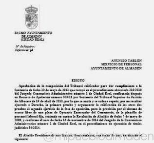 ANUNCIO TABLÓN SERVICIO DE PERSONAL AYUNTAMIENTO DE ALMADÉN