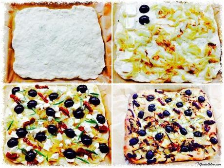 Focaccia de queso feta con aceitunas negras. Focaccia de queso feta con aceitunas negras.