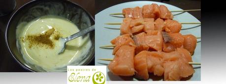 Brochetas de salmón con salsa de yogur y granadas