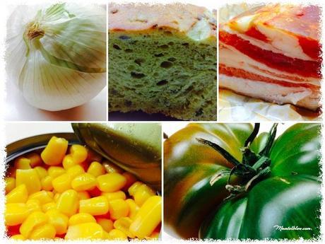 Tosta de crema de maíz con bacón, yema y tomate verde frito